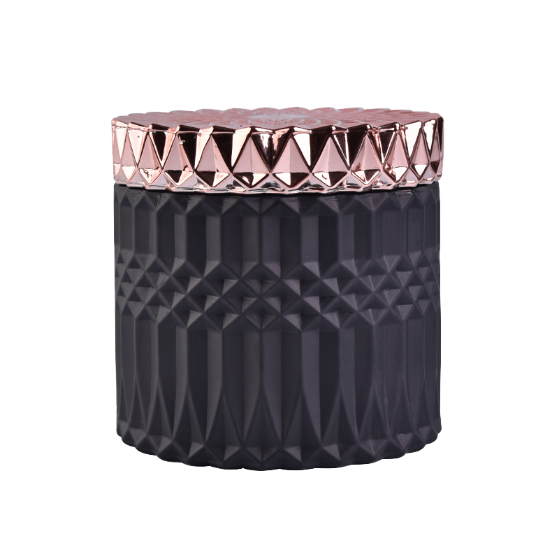 Стеклянная стеклянная банка-свеча матового черного цвета с красивой розово-золотой крышкой для декора дома