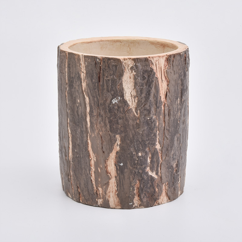 Natural concrete candle holders with bark surface