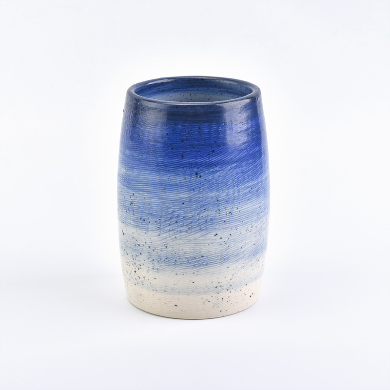 Blue and white gradient oval vessel ceramic candle holder