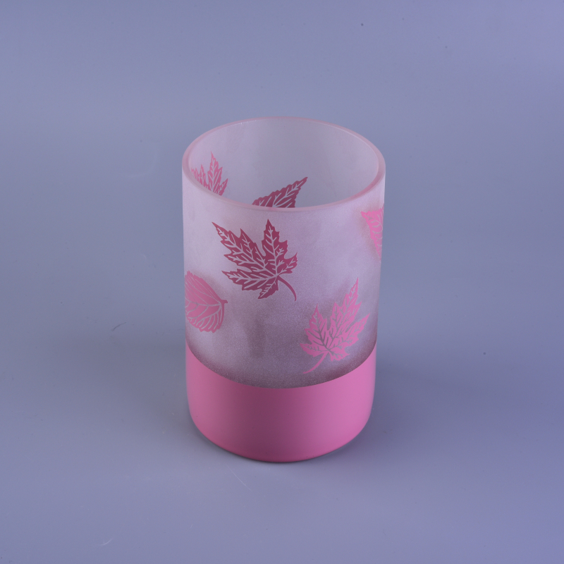 Pink tall container glass votive candle holder with leaf pattern