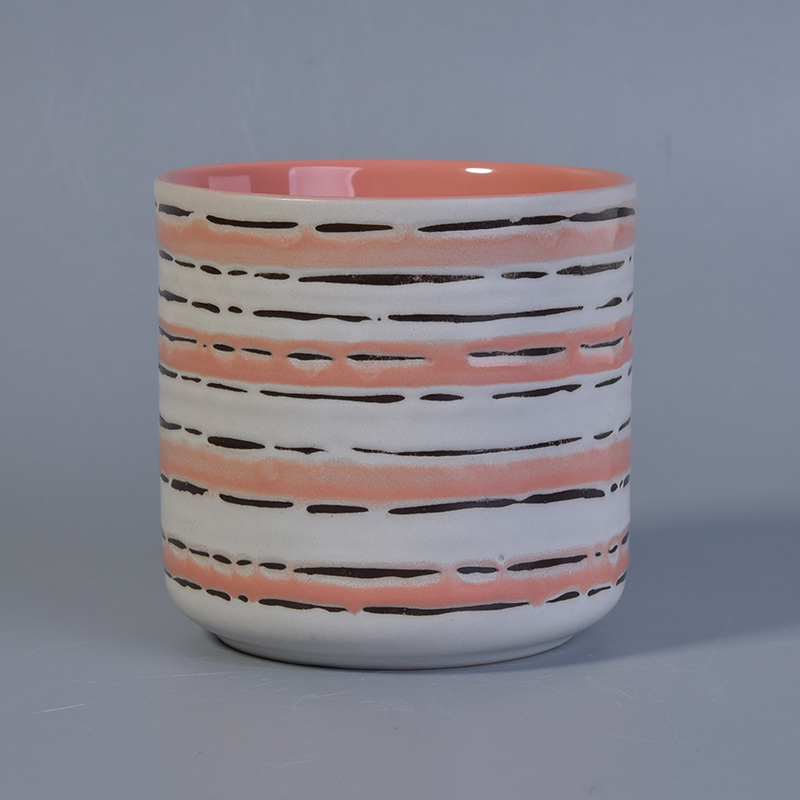 Pink white line embossed ceramic candle jar wholesale