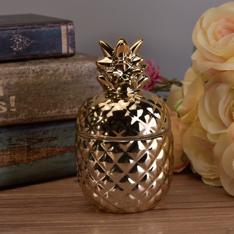 Popular Gold Handmade Ananas Ceramic Candle jar mit Gold Deckel