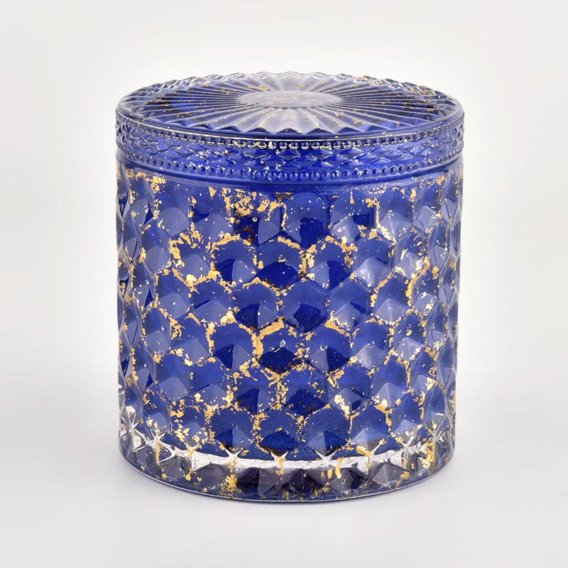 Blue Christmas basket weave glass candle jar with Gold Metallic paint splatters