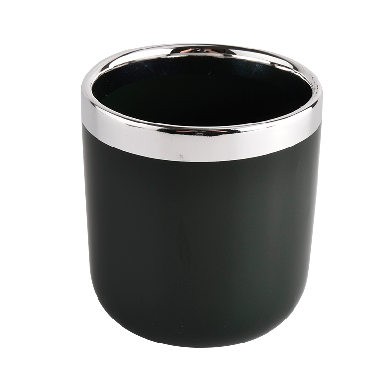 Round bottom black ceramic candle jar with gold rim