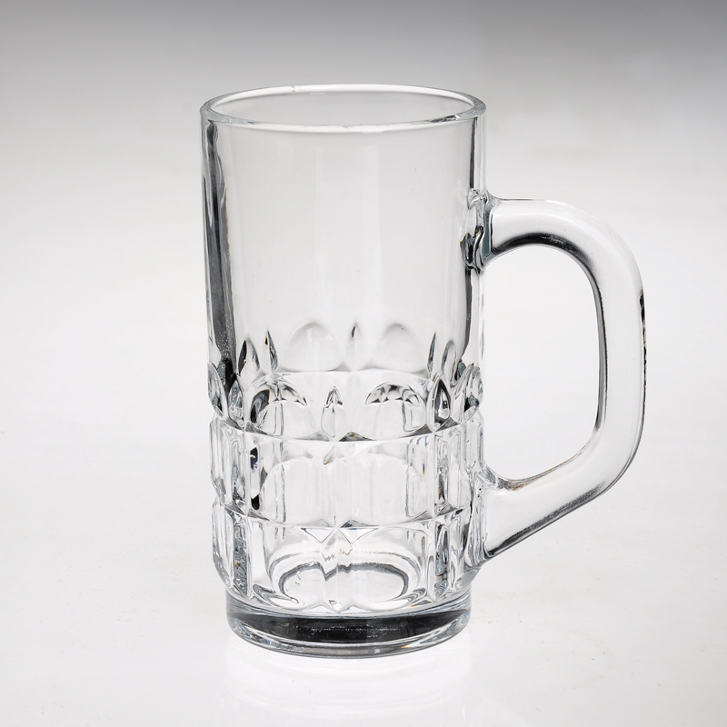 Tall clear glass beer mug with handle