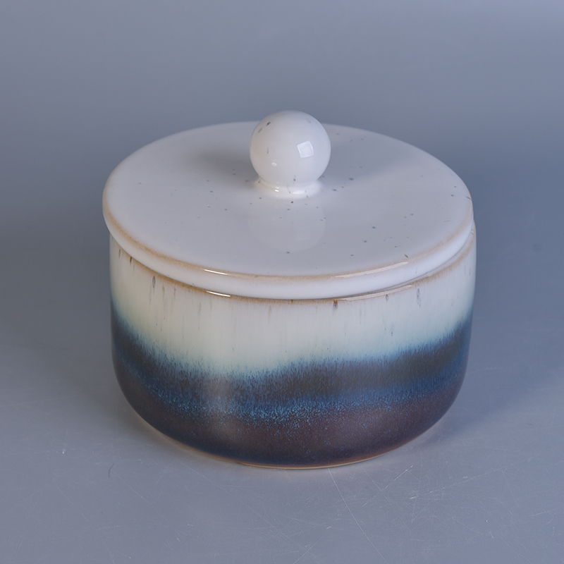 窑变釉装饰带盖陶瓷蜡烛罐