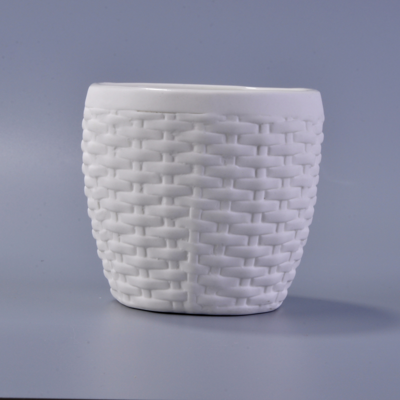 Tejido patrón mate blanco cerámica vasijas de vela al por mayor