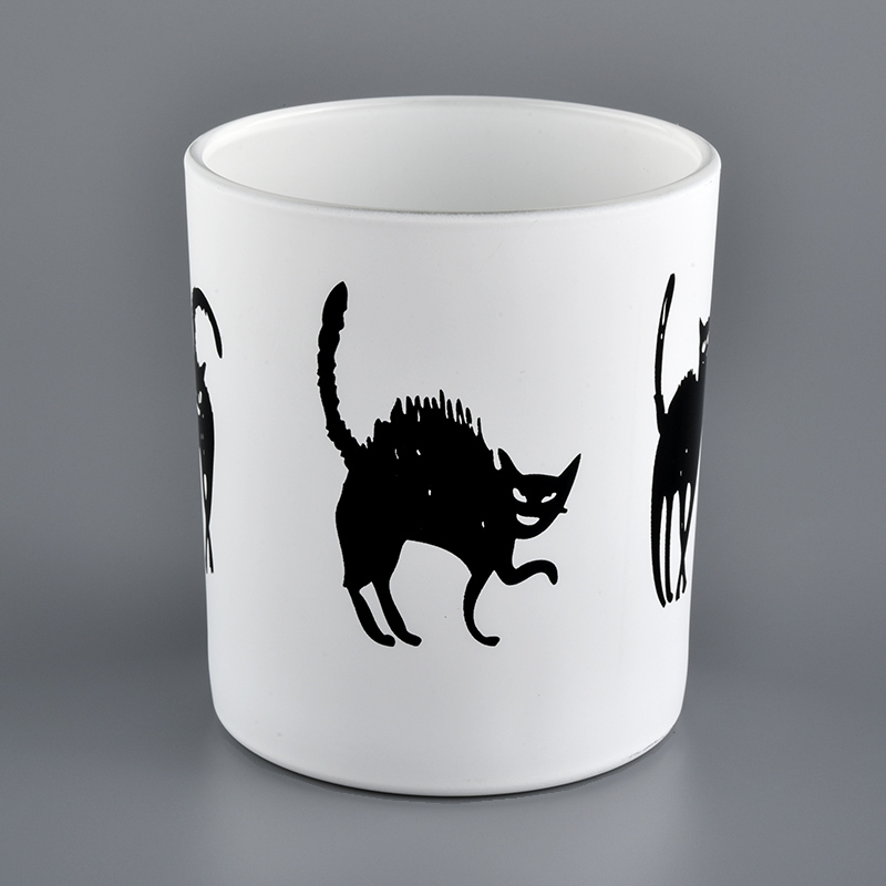 Weißer Glaskerzenhalter mit schwarzem Katzenmuster