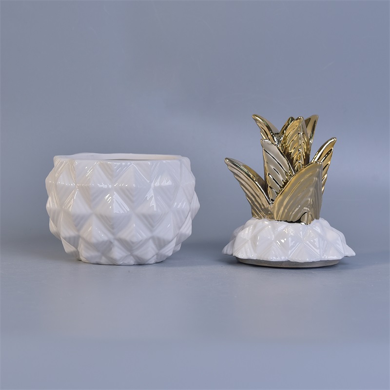 Frasco de cerâmica de abacaxi branco com tampa de ouro 12 oz volume