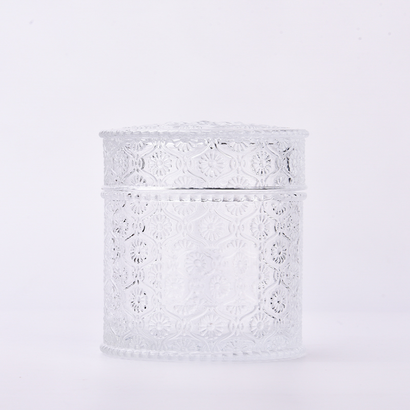 Wholesale suppliers 16oz glass candle jar with lid flower pattern