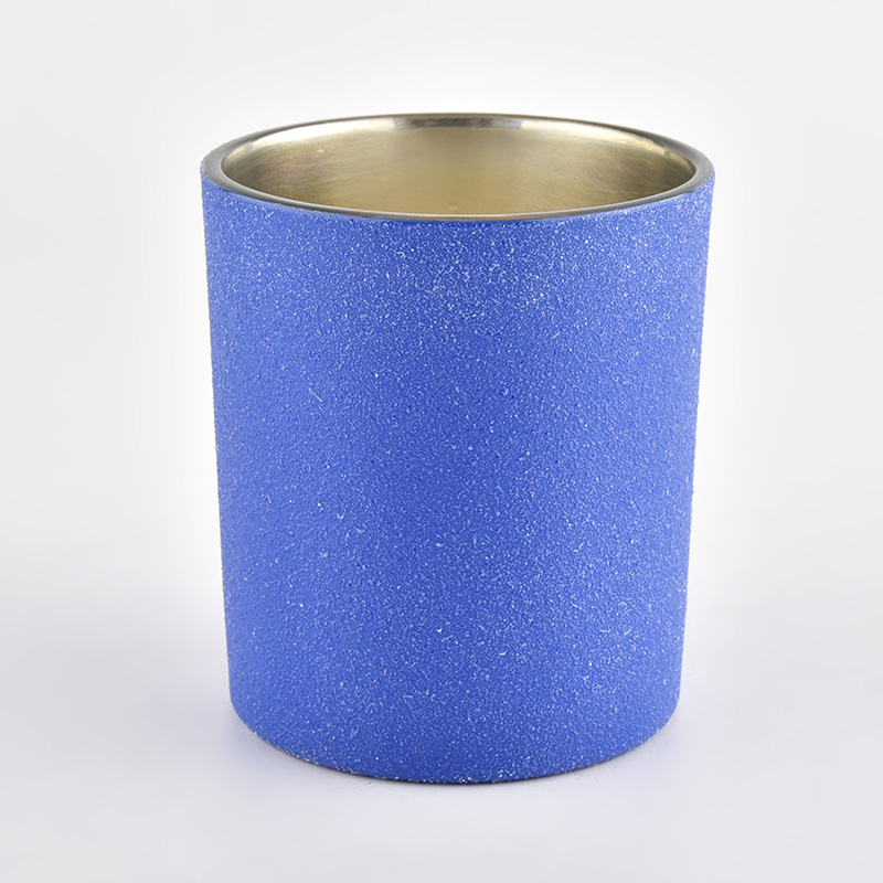blue sandy effect glass jar for candle making with gold inside