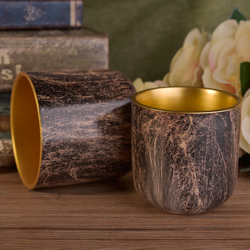 ceramic candle jar with bark effect and electroplating inside