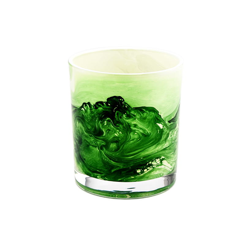 custom painted green mountain glass candle vessel for Spring