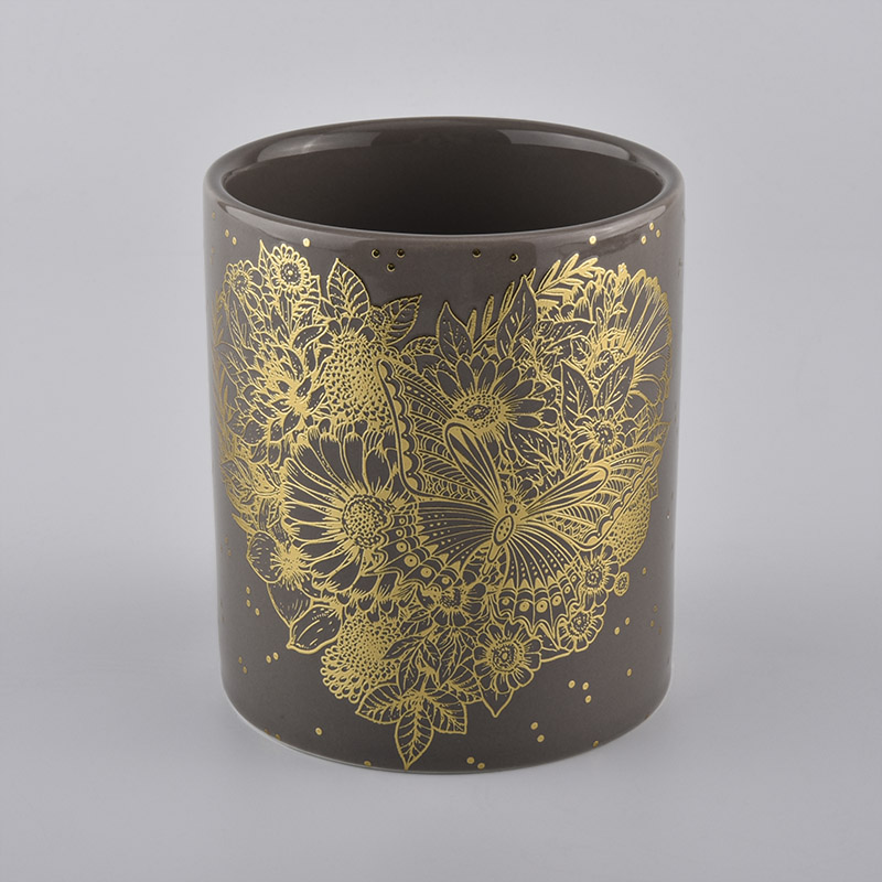 Frascos cilíndricos redondos rectos para velas de cerámica con calcomanía dorada
