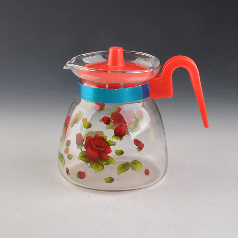 decal borosilicate glass tea pot with handle