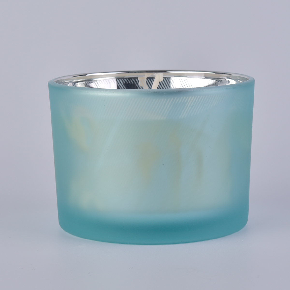 Frosted Blue Glass Candle Vessel dengan Corak Laser