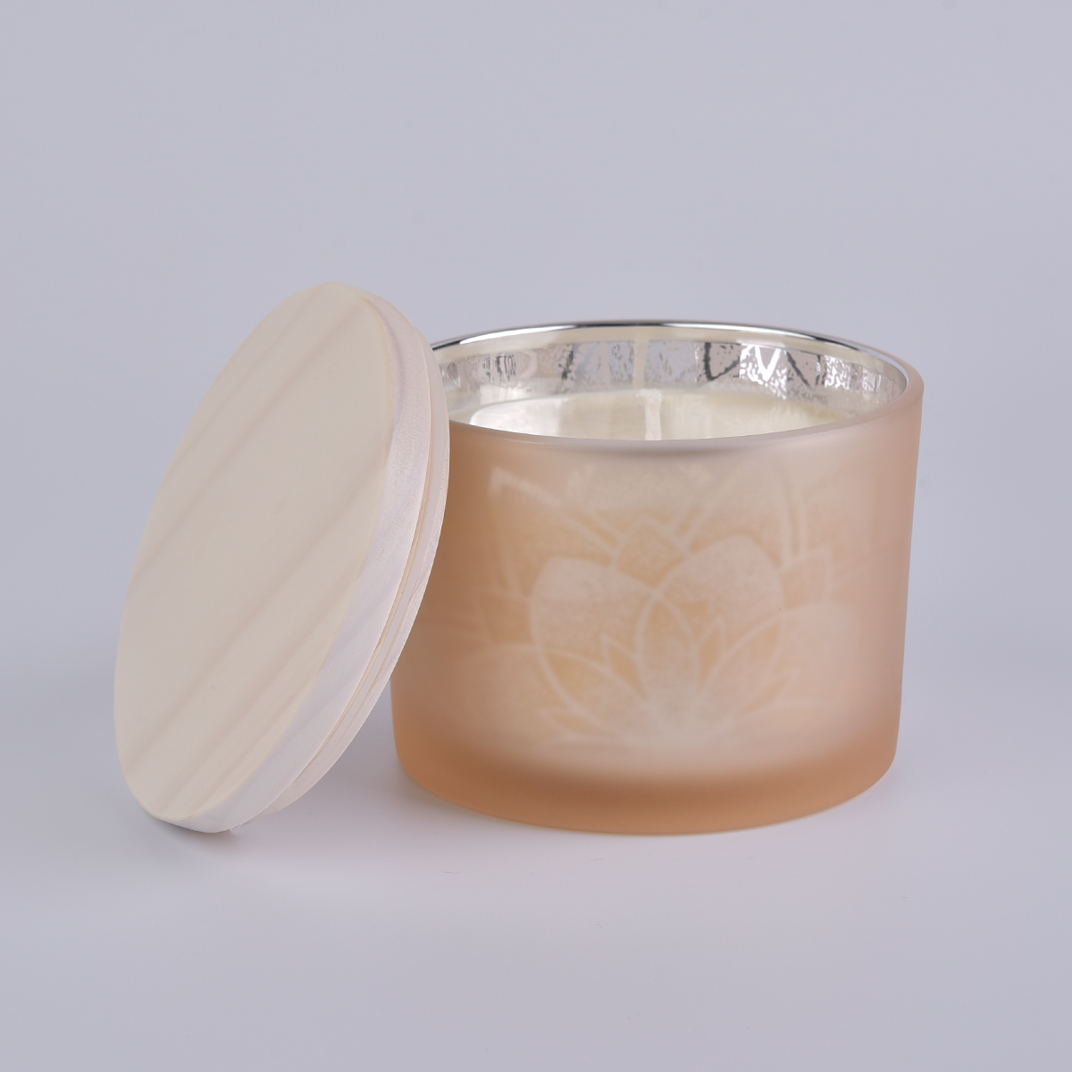 frosted glass candle container with wooden lid 14 oz