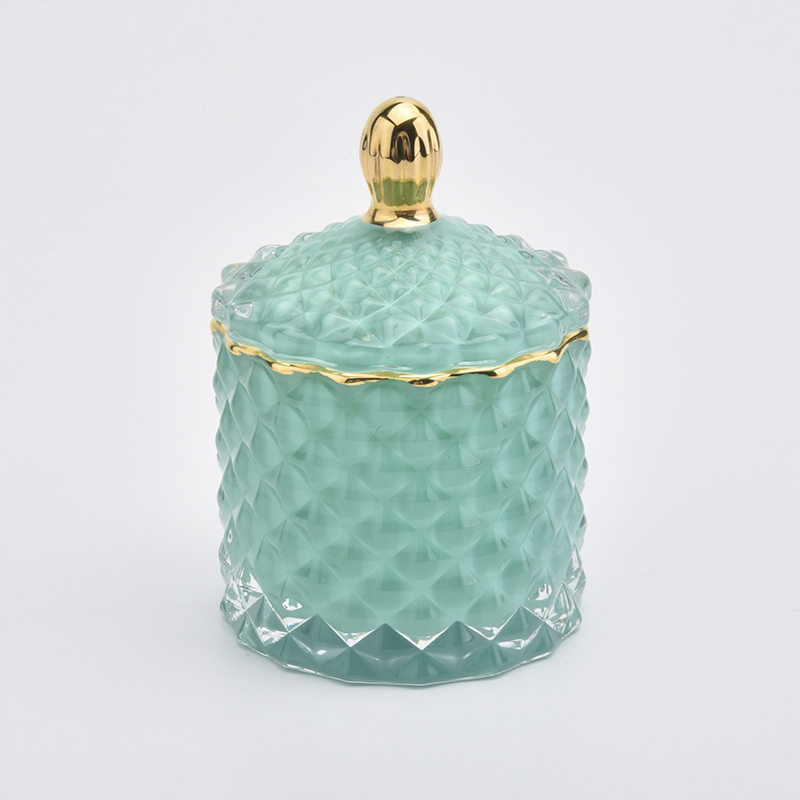 geo cut green small glass candle jar with gold rim