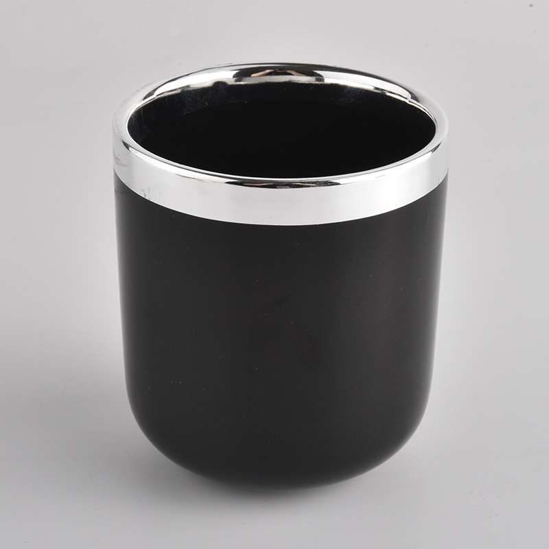 portacandele in ceramica nera lucida con bordo superiore argento