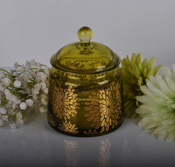 jarrones de vela de vidrio de impresión de oro con tapas