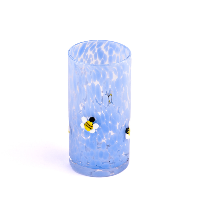 handmade tall glass candle jar with blue color wholesale