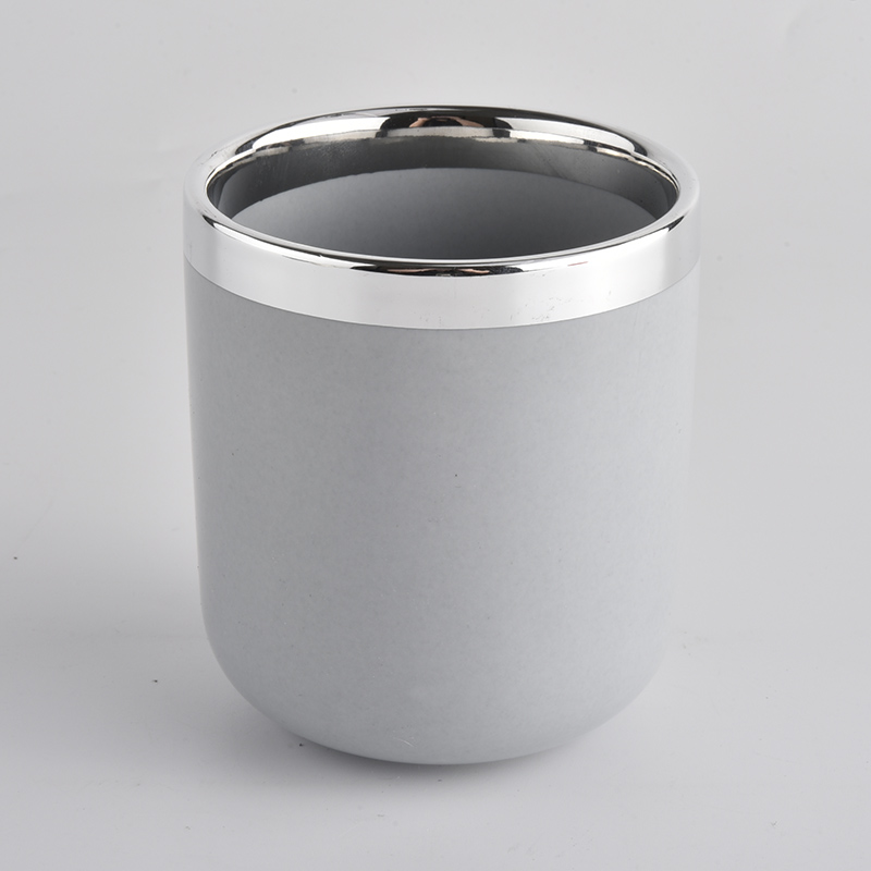 家居装饰灰色陶瓷蜡烛罐带银边