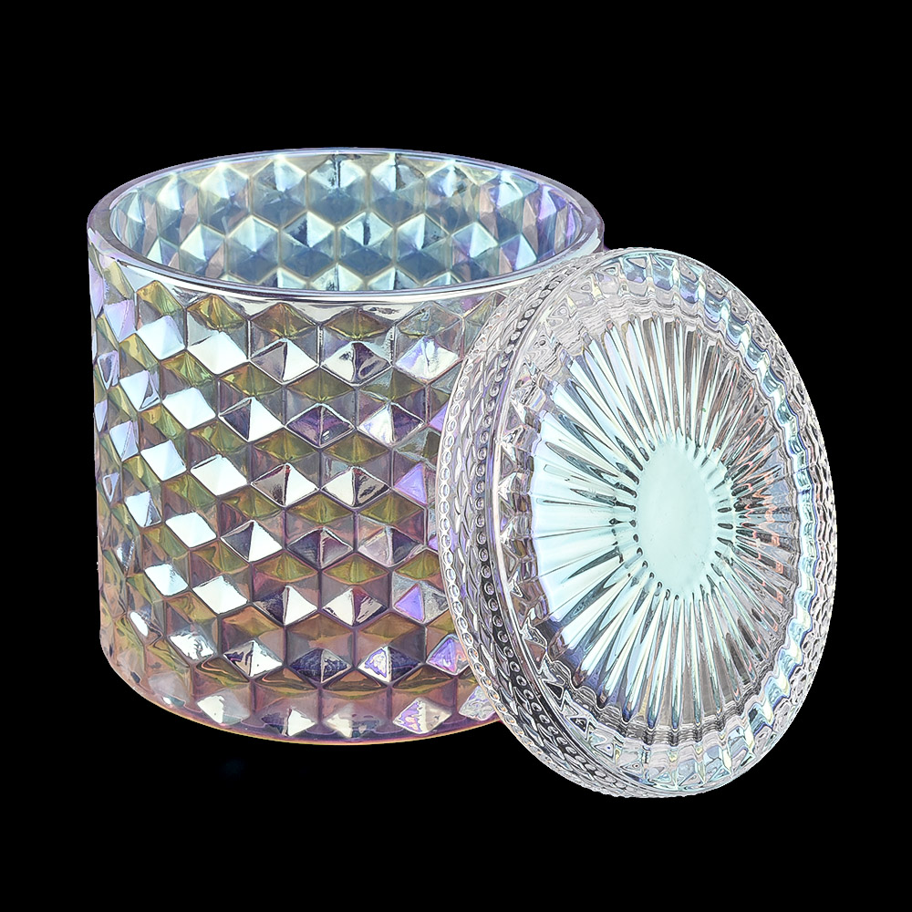 Portacandele in vetro iridescente con coperchi barattoli in vetro diamantato
