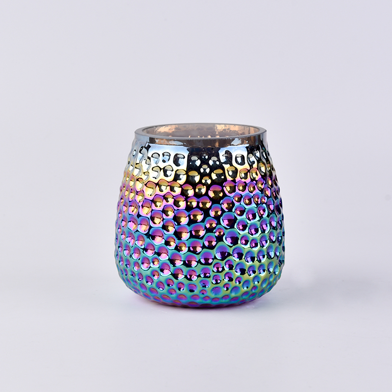 iridescent electroplated glass candle holders with hobnail pattern
