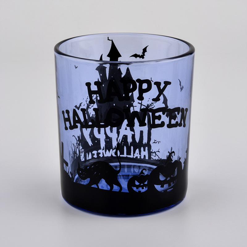 ライトブルーのハロウィンかぼちゃの写真ガラスキャンドルホルダー