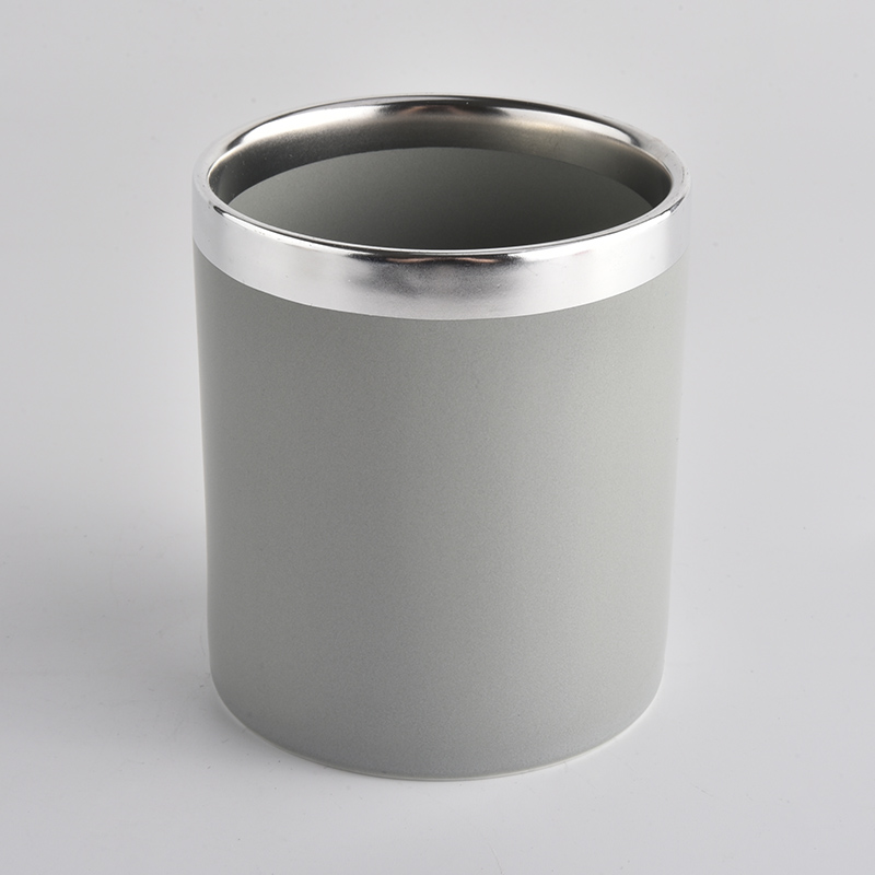 Frascos de vela de cerámica vidriada gris claro con borde superior plateado galvanizado