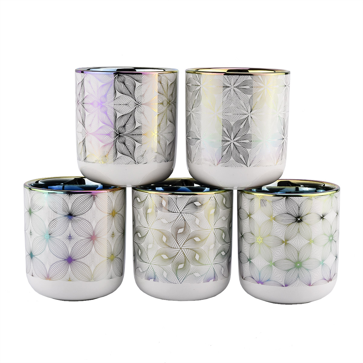 Tarro de vela de cerámica iridiscente de lujo con ilustraciones impresas