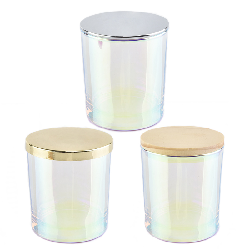 luxury iridescent glass candle jar with lid