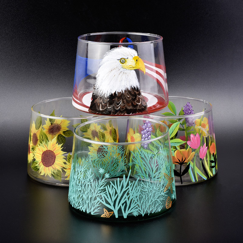 machine blown glass candle vessel with sea grass painting