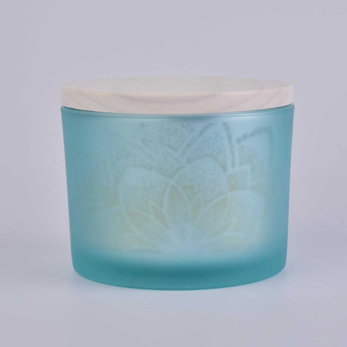 pot de bougie en verre décoratif bleu mat avec couvercle en bois