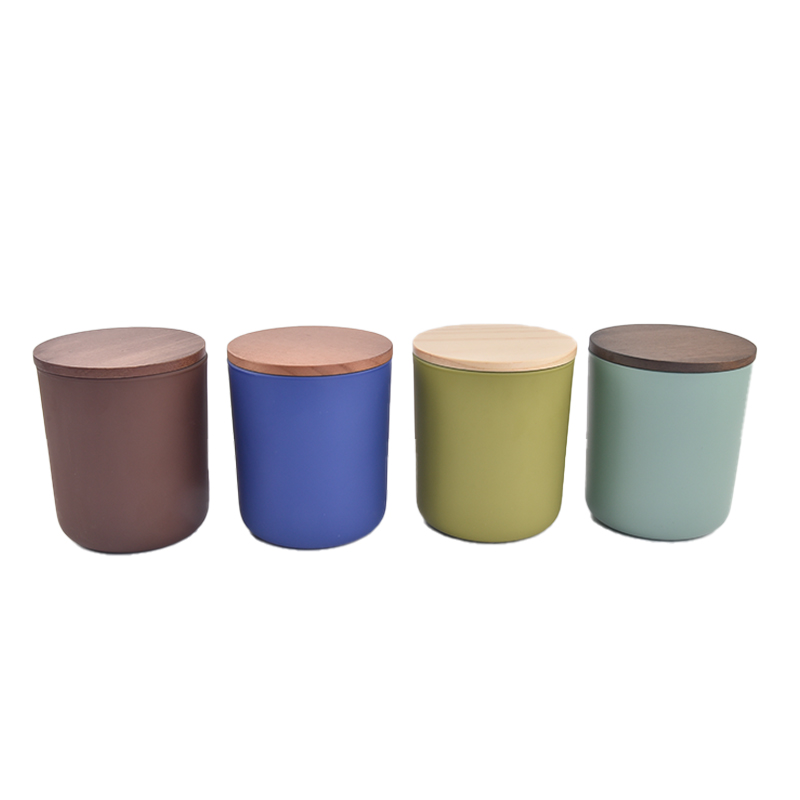 Vasos de vela de vidro colorido fosco com tampas de madeira 14 oz