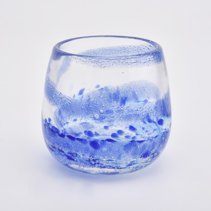 portacandele in vetro fuso a pois blu