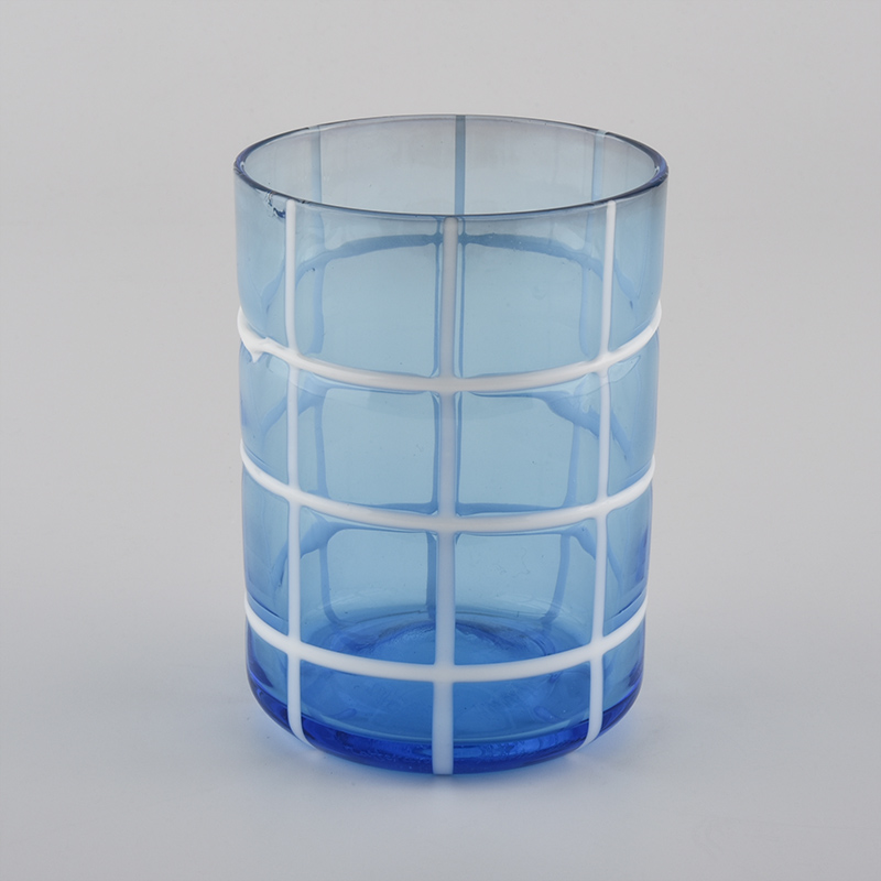 Frascos de velas de vidrio azul que soplan boca para decoración del hogar