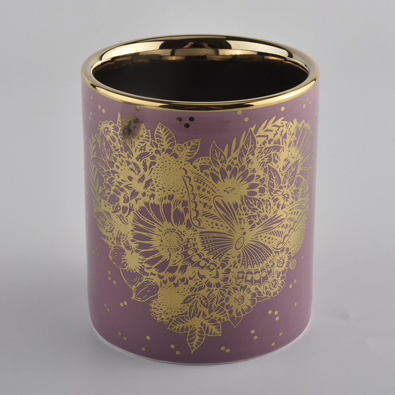 jarra de vela de cerâmica cor-de-rosa com interior dourado