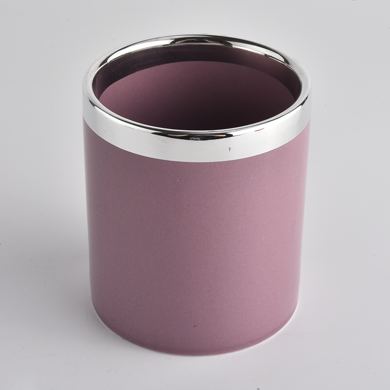 tarros de vela de cerámica de color rosa con borde plateado