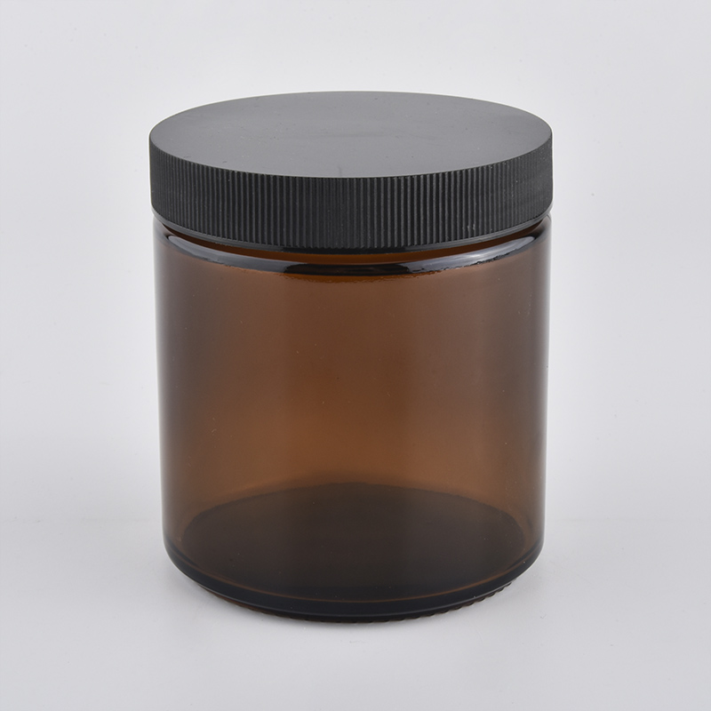 Jar lilin kaca warna 12oz ambar yang popular dengan borong penutup hitam