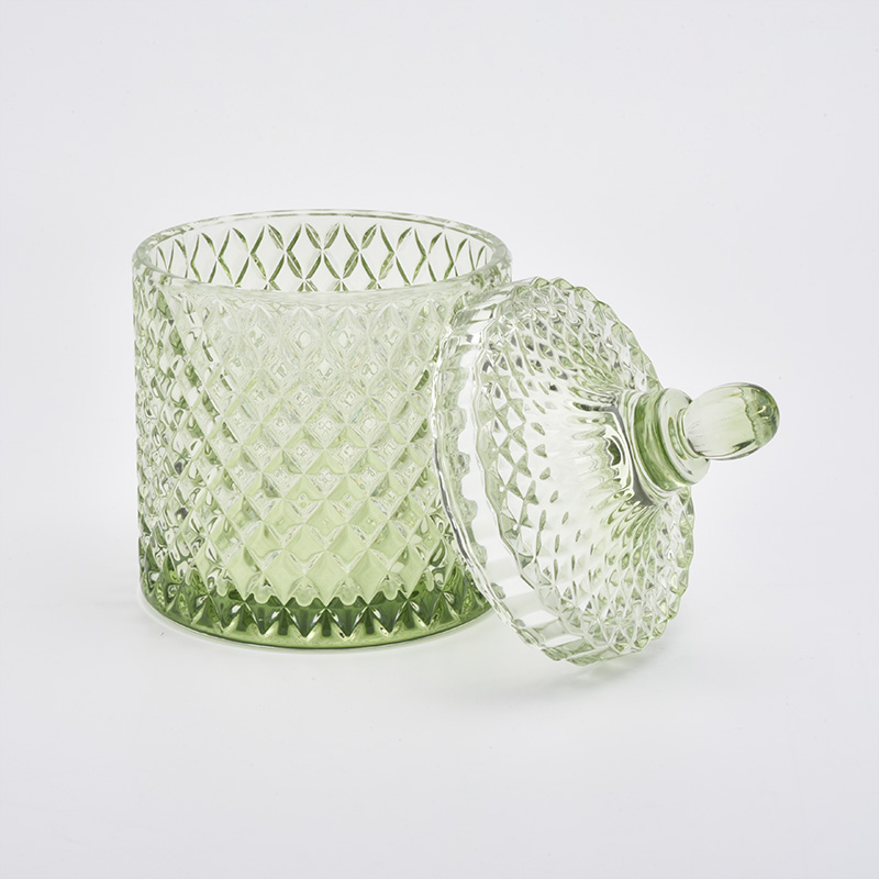 Transluzent grün großes GEO geschnittenes Glaskerzenglas mit Deckel