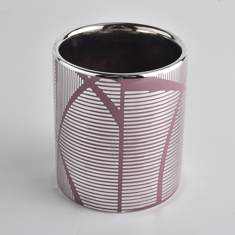 Recipiente de vela de cerámica estampado único con interior plateado