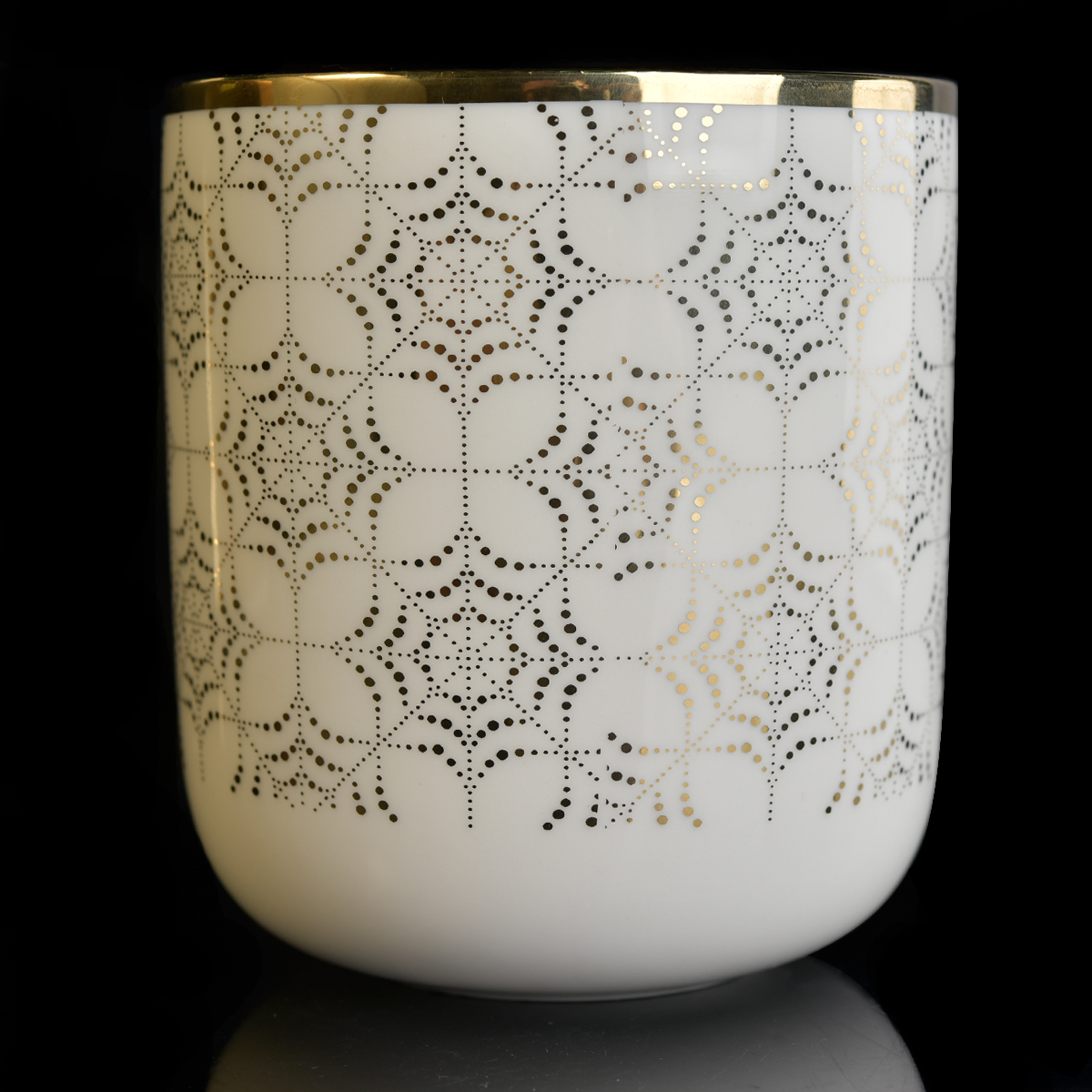 vaso de vela em cerâmica branca com estampa em ouro metálico