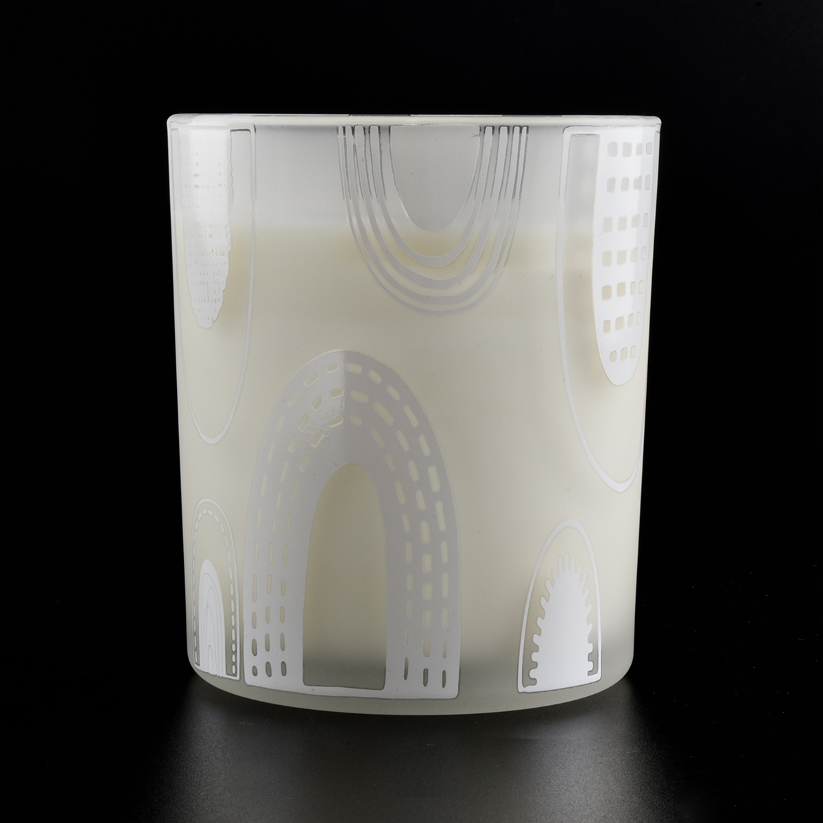 white frosted glass canfle vessel with prints