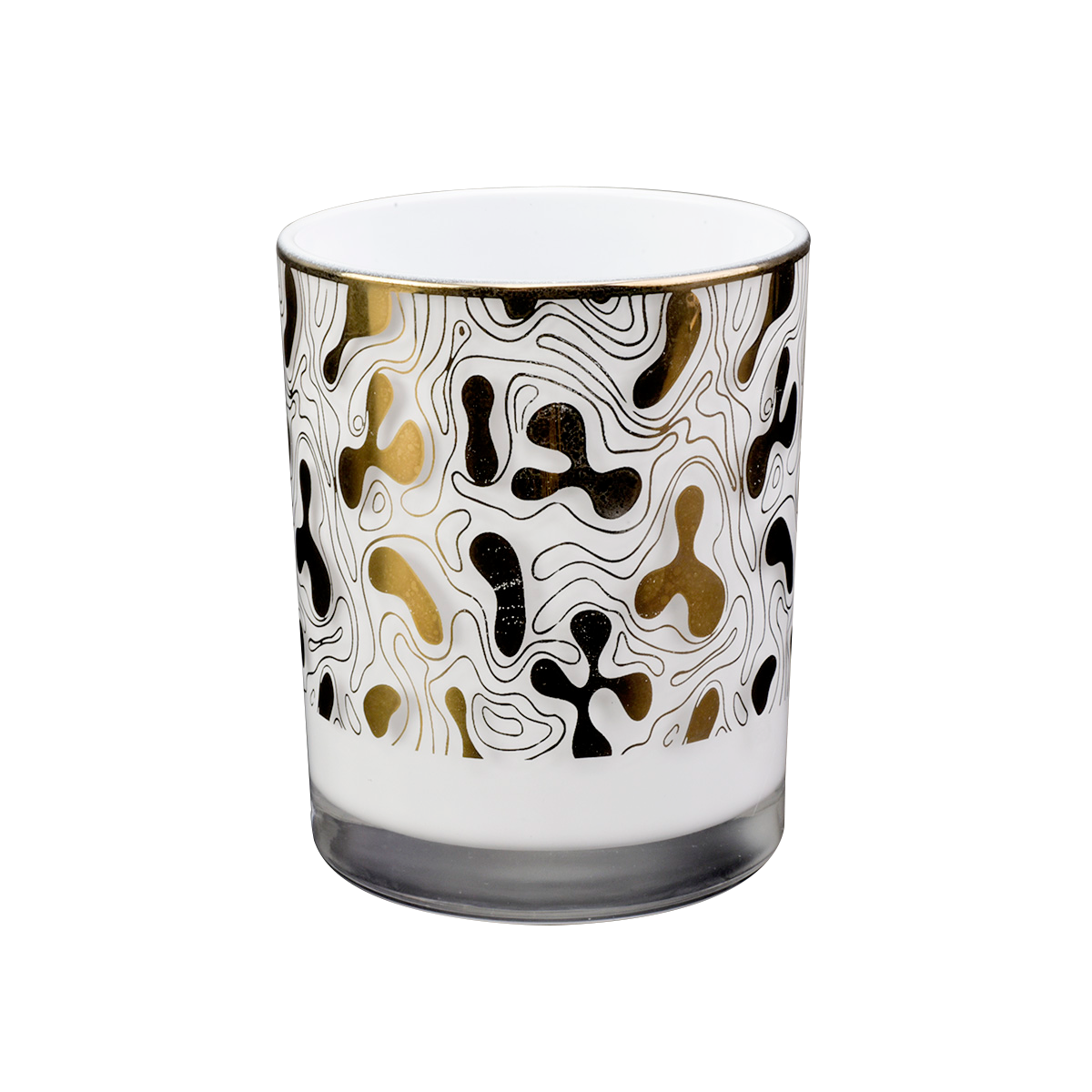white glas candle jar with gold print