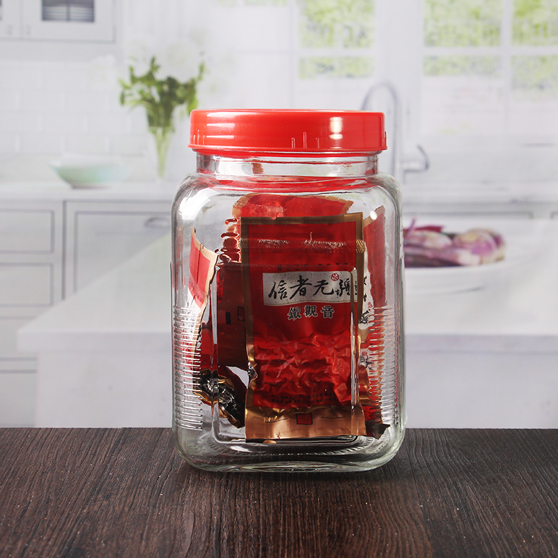 1,5 litre 1500 ml de grands pots de stockage pots de verre carrés vides avec couvercle en plastique rouge
