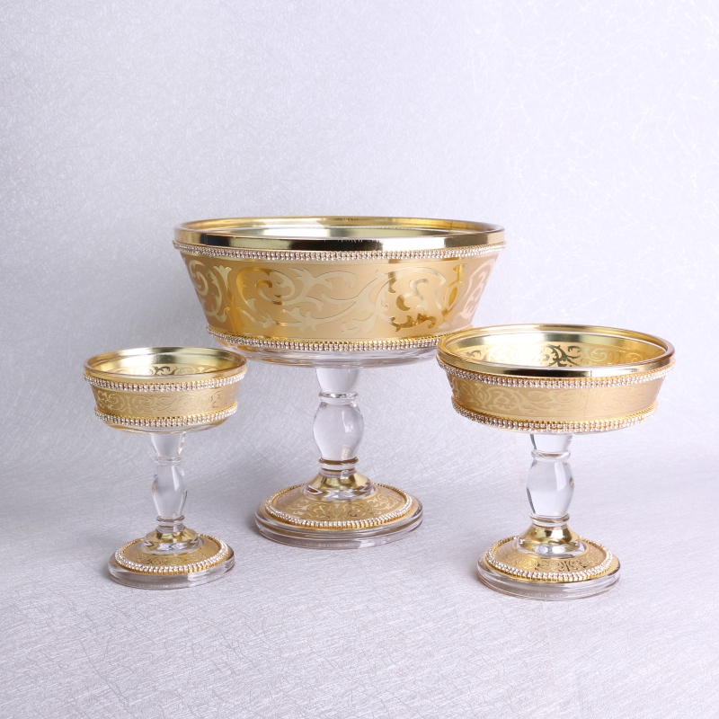 Bol en verre de Bohême, Style moyen-orient ouzbek, bol en verre de cristal de Bohême, Design doré, 9 pièces en ensemble