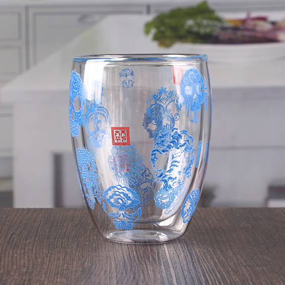 China double wall decaled glass tea cups wholesale