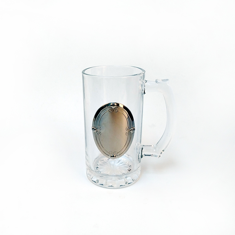 Clear glass mug supplier in China, drinking glasses glass with badge, manufactured glass cups and mugs suppliers