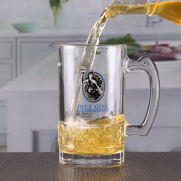 Custom printed beer glasses 15 oz bar beer vessels cheap beer mug with handle